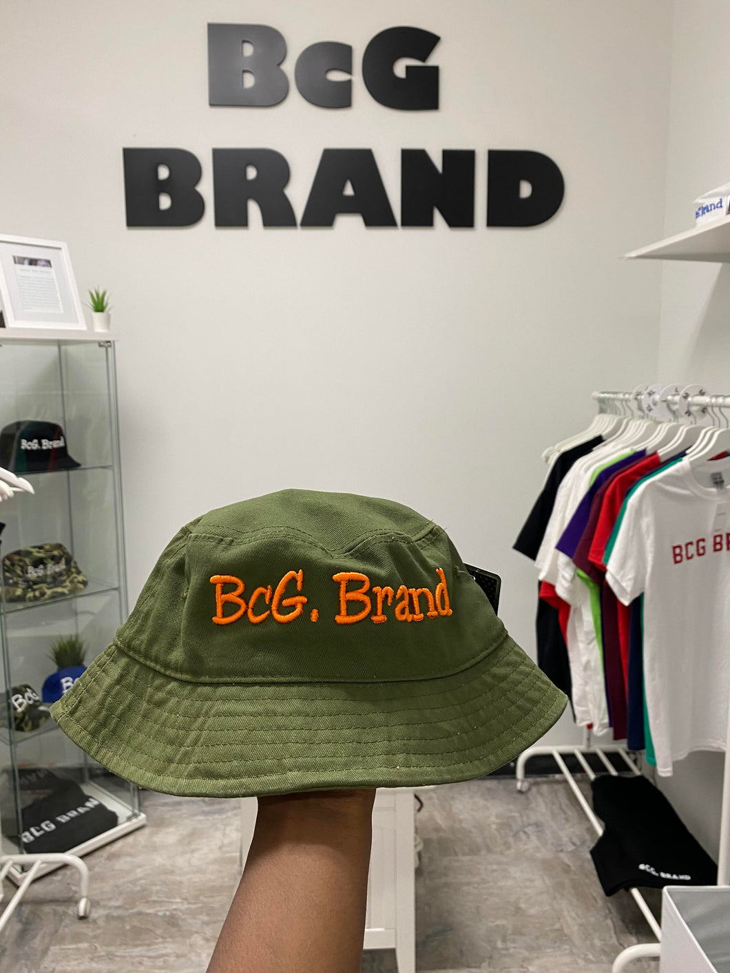 BcG. Olive Bucket Hat w/ Orange Logo